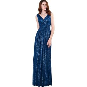 Kate Kasin Sequined Long Evening Navy Blue Dress Zipper Back Lined Size 18W